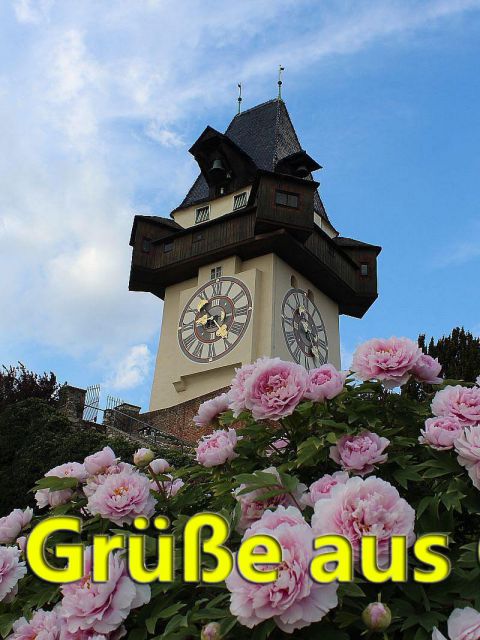 Uhrturm mit Pfingstrosen grusskarte 480x640 - Liebe Grüße aus Graz - Grazer Uhrturm