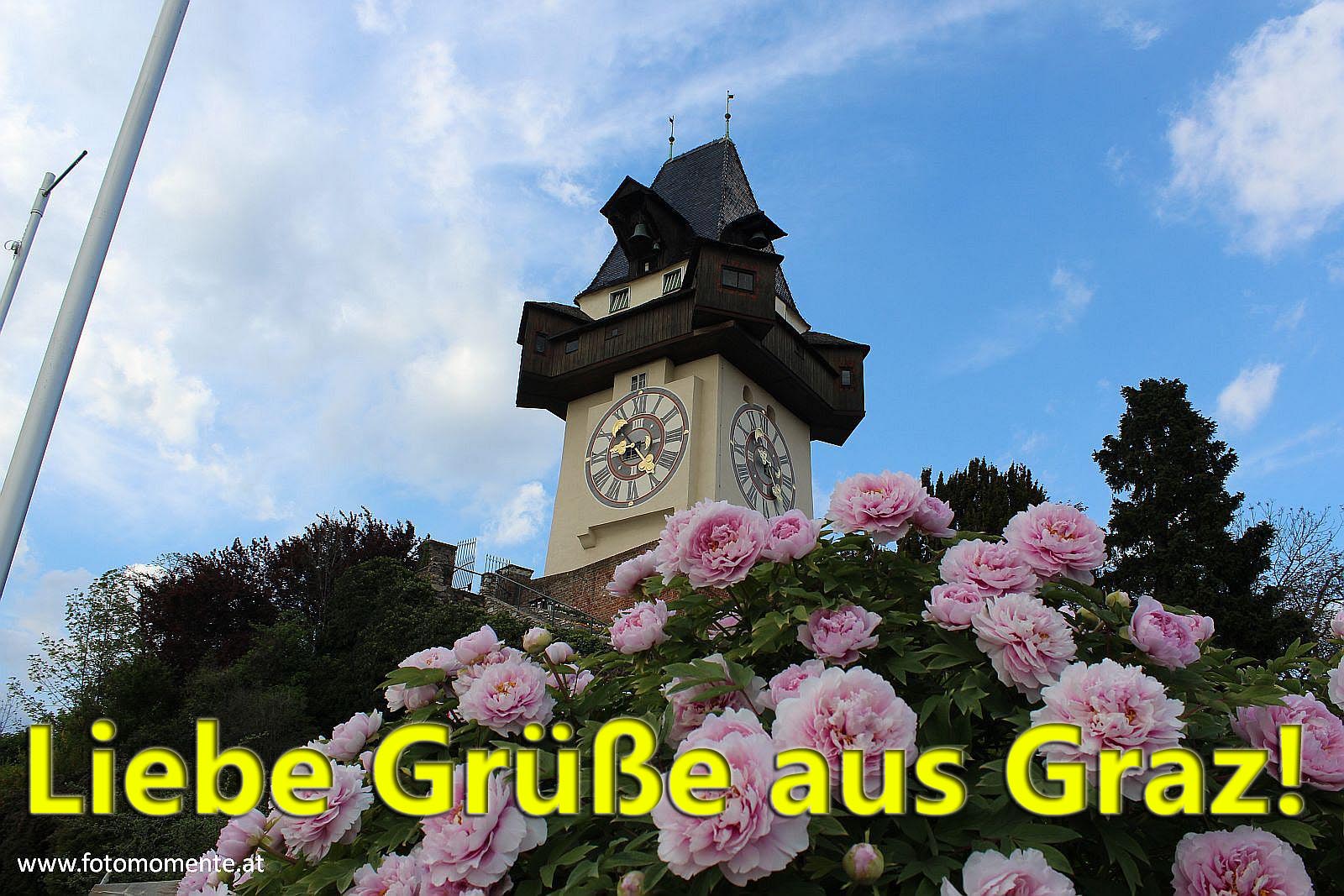 Uhrturm mit Pfingstrosen grusskarte - Liebe Grüße aus Graz - Grazer Uhrturm